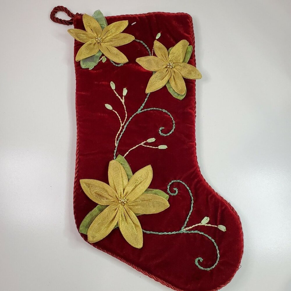 Vintage PRIMA CREATIONS Burgundy Velvet Gold Pointsetta Christmas Stocking